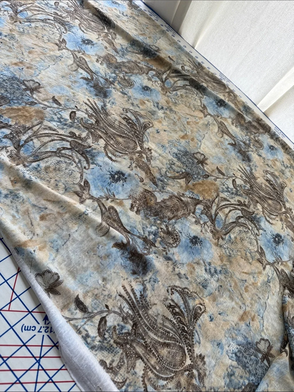 Textured Crepe Knit Fabric Blue Brown Paisley Boho 2.5 Yards x 58